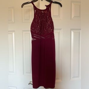 Macy’s maroon dress with backless mesh design